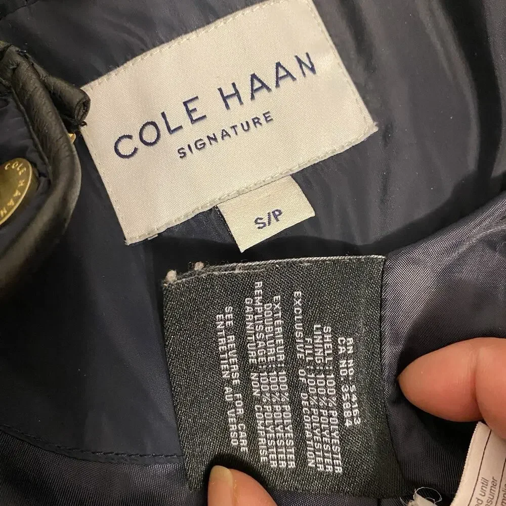 Cole Haan Signature NavyBlue Leather Trim quilted belted Coat Jacket SP Zip Snap - Picture 6 of 13